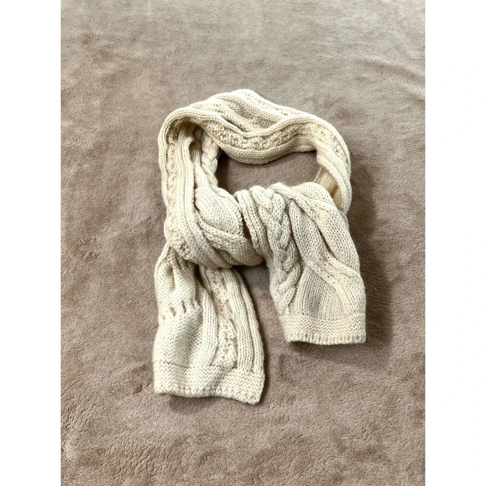 Aran Crafts Ireland 100% Wool Cable Knit Scarf Cream Ivory Winter Unisex